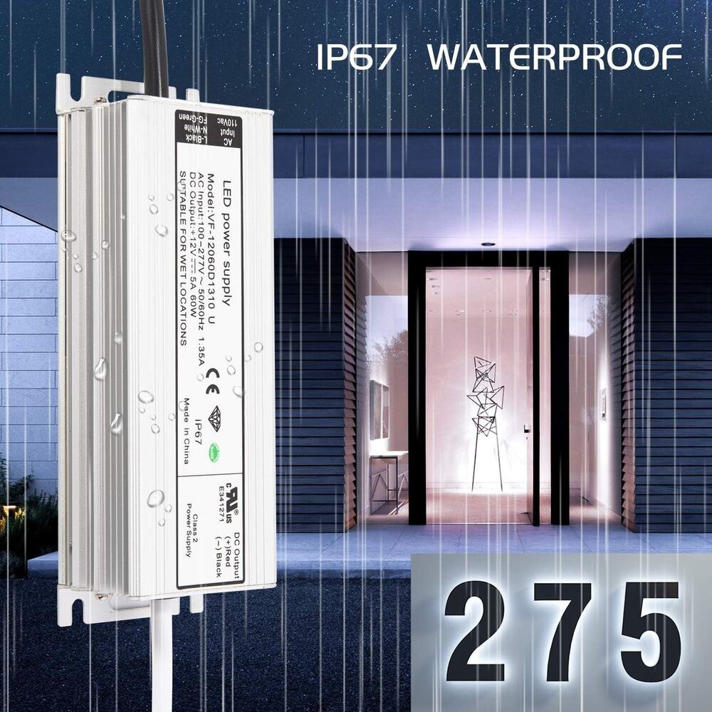 [UL Listed] LED Driver 12V 60W Waterproof IP67 Class 2 LED Power Supply Transfo